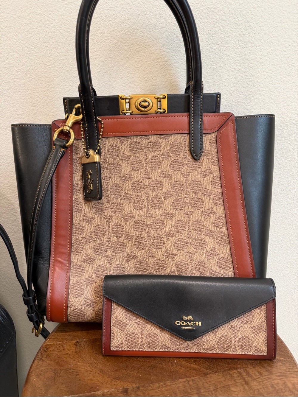 Coach Signature Monogram Tote with Black and Brown Trim